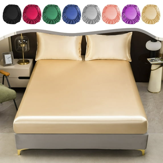 InsCrazy King Size Fitted Sheet for Adults, Summer Cooling Silk Bed Sheet, 14" Deep Pocket Soft Fitted Sheet for Hot Sleeper, King Size Mattress Cover on Clearance