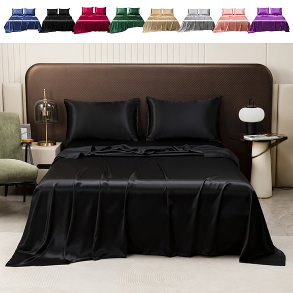 InsCrazy King Size Silk Sheets Comforter Set, Luxurious and Cooling Bed Sheet and Silk Pillow Cases for Hot Sleepers, King Bed Sheets 108" x 102"