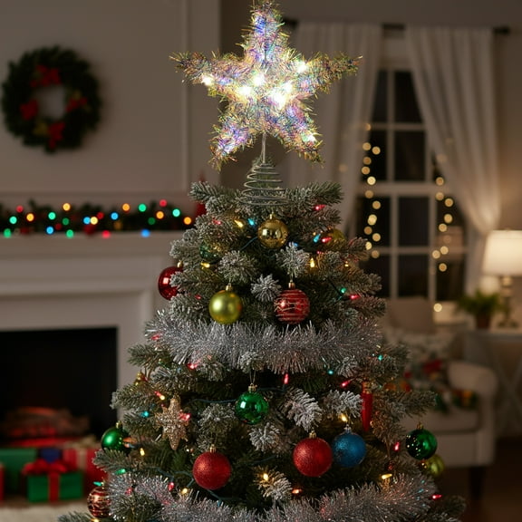 InsCrazy Large Christmas Star Tree Topper with Led Lights 11.8in/30cm Mental Xmas Tree Top for Indoor/Outdoor Christmas Decorations Holiday Party Supplies