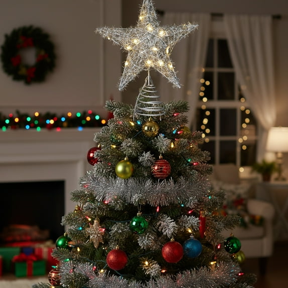 InsCrazy Large Christmas Star Tree Topper with Led Lights 11.8in/30cm Mental Xmas Tree Top for Indoor/Outdoor Christmas Decorations Holiday Party Supplies