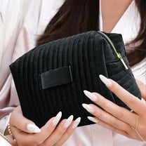 InsCrazy Makeup Bag for Travel, Large Capacity Cosmetic Bag for Purse, Zipper Pouch Handbag Embroidered Striped Velvet Toiletry Bag for Women