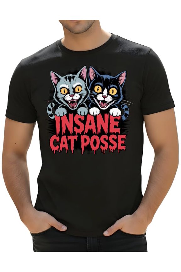Insane Cat Posse Horror T-Shirt – Funny Crazy Feline Meme Tee for Men, Women & Cat Lovers Gift
