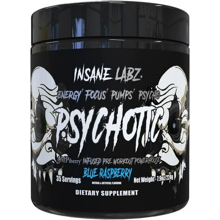Insane Labz Psychotic Black Pre-Workout Powder with Creatine, Blue Raspberry, 35 Servings
