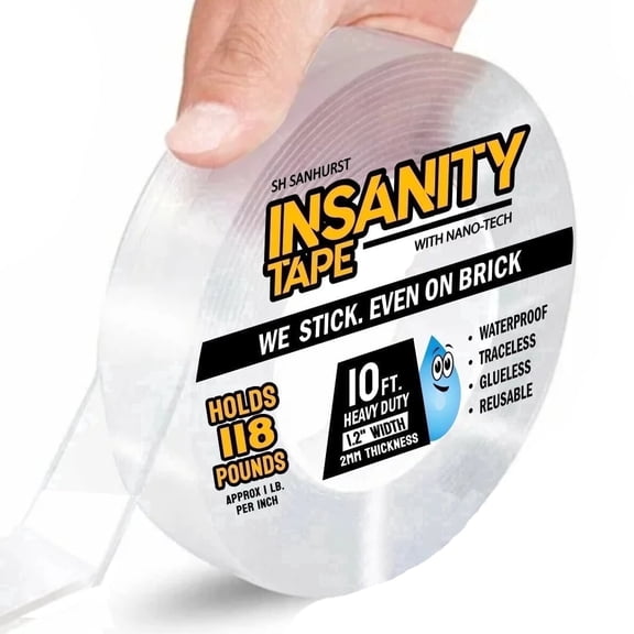 Insanity Double Sided Nano Tape Thick and Wide Heavy Duty for Walls Carpets Rugs 10' Roll