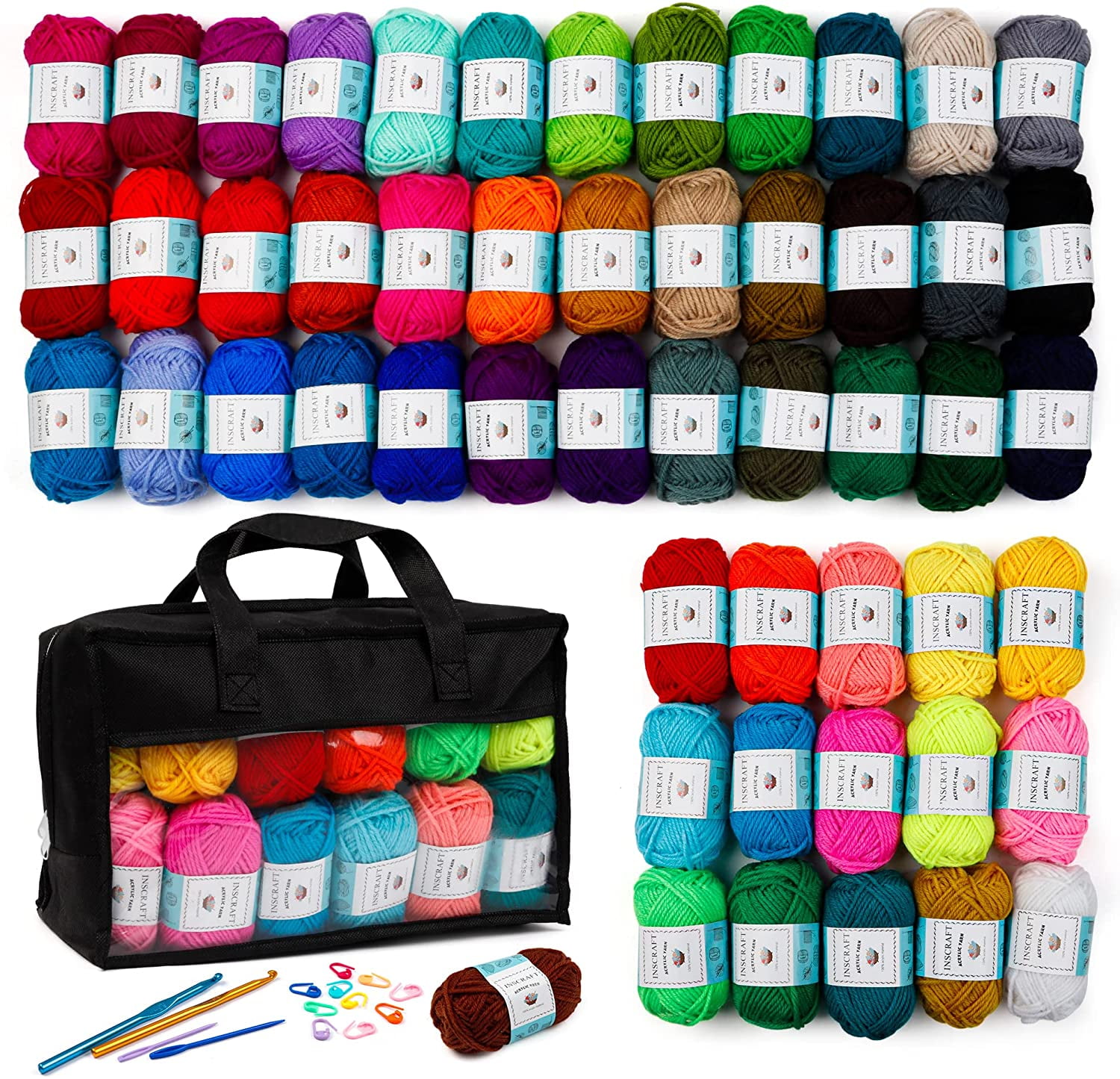 62 Acrylic Yarn Skeins, 2170 Yards Yarn for Knitting and Crochet, Includes  2 Crochet Hooks,2 Weaving Needles,6 E-Books, 10 Stitch Markers, Perfect  Crochet Beginner Kit for for Adults Kids by Inscraft 