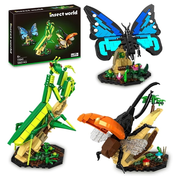 Insect Blocks Building, 3 In 1 Collection Building Toy Set With Blue Butterfly, Mantis, Insect Display Models For Nature Lovers, Home Decorative, Party Favors, Birthday Gift For Adults Kid 6+