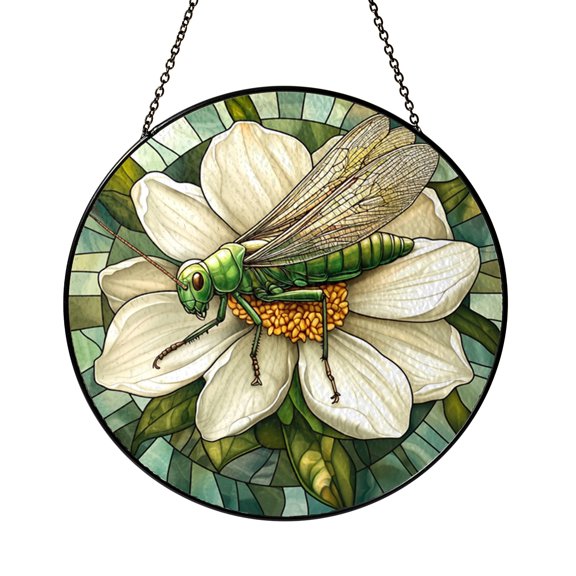 Insect Botanical Stained Glass Hanging Grasshopper Flower Design Window Decor Nature Art