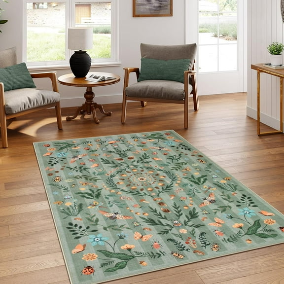 Insect Botanical Washable Rugs 5x7 Green Area Rugs for Living Room, Non Slip Rug for Bedroom, Boho Indoor Dining Room Carpet for Under Table Entryway Kitchen Office(Green,5x7)