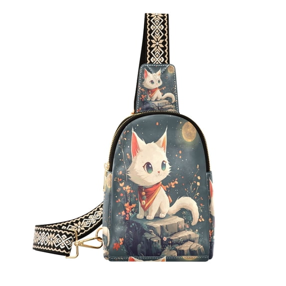 Stylish Leather Crossbody Bag 8.46x5.9x2.16In Easy To Carry Multi-Purpose Travel Hiking Shopping Fashion Bag Moon Cat