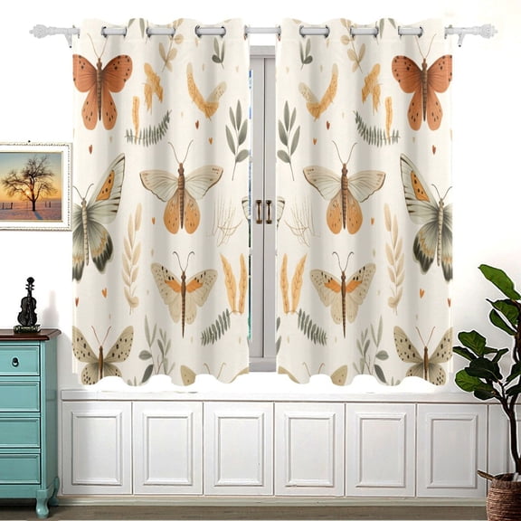 Insect Butterflies Leaves Curtain Black Out Thermal Insulation Curtains Aesthetic 54 Inch Length for Bedroom Living Room 2 panels set