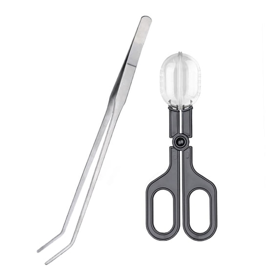 Insect Catcher Kit, Kids Bug Catcher Scissor Tong and Tweezers Set 10.6 Inch Black Clamp with Silver Tweezer for Outdoor Nature Exploration Science Education, Silver