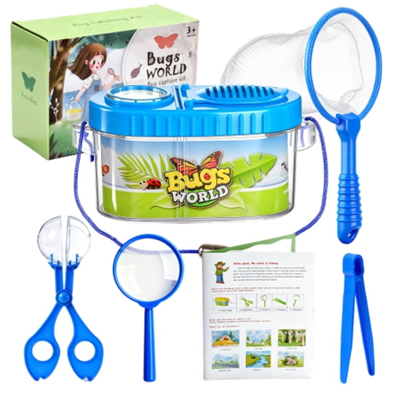 Insect Catching Kit For Kids, Blue 6-Piece Outdoor Bug Catching Set With Clear Case, Tweezers, Net, Magnifying Glass, And Instruction Guide For Backyard Exploration And Junior