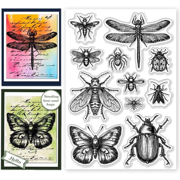 Insect Clear Stamps Realistic Dragonflies Beetles Clear Silicone Stamps Transparent Seal Stamps 6.3x4.33Inch