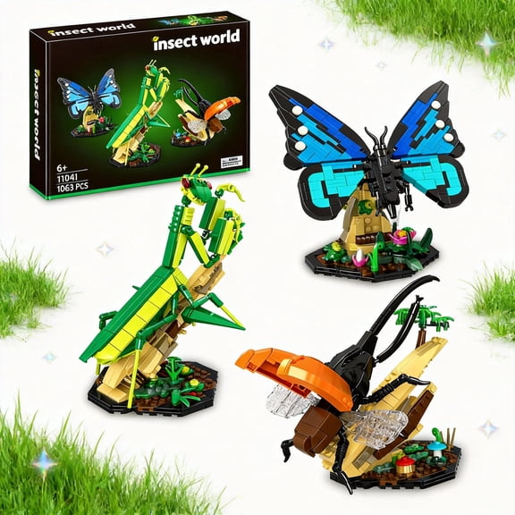 Insect Collection Building Toy Set, with Life-Size Blue Butterfly, Mantis and Beetle Display Models, Fun Gift for Nature Lovers, Bug Building Office Home Decorative, Gifts Ideal for Adults Kid