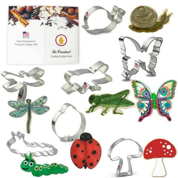 Insect Cookie Cutter 7 Pc Set 3.5 in Dragonfly, 4.25 in Caterpillar, 3 in Ladybug, 4.5 in Butterfly, 3.5 in Grasshopper, 4.25 in Snail, 3.25 in Mushroom
