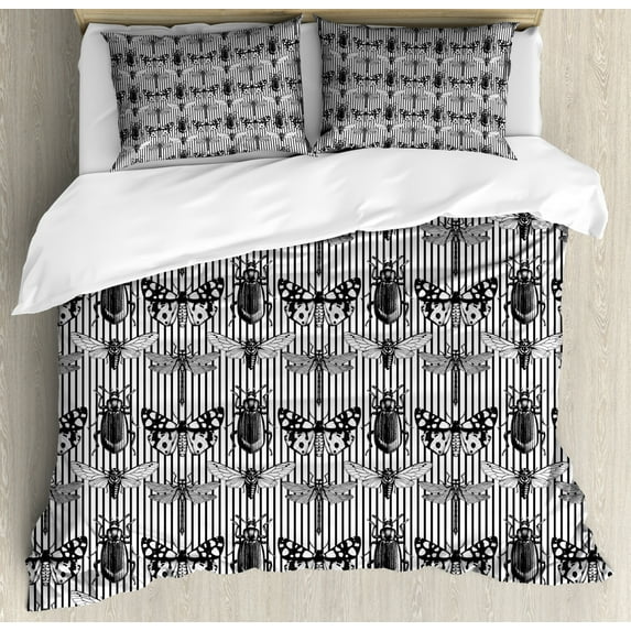 Insect Duvet Cover Set Queen Size, Modern Butterfly Dragonfly Bumblebee Beetle Cicada Entomological Art, Decorative 3 Piece Bedding Set with 2 Pillow Shams, Charcoal Grey and White, by Ambesonne