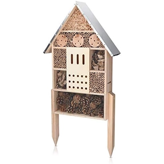 Insect House with Stakes - Extra Large Wooden Bug Hotel 22.4" H x 15" W - Bee, Butterfly, Ladybug Natural Nesting Habitat for Garden and Yard