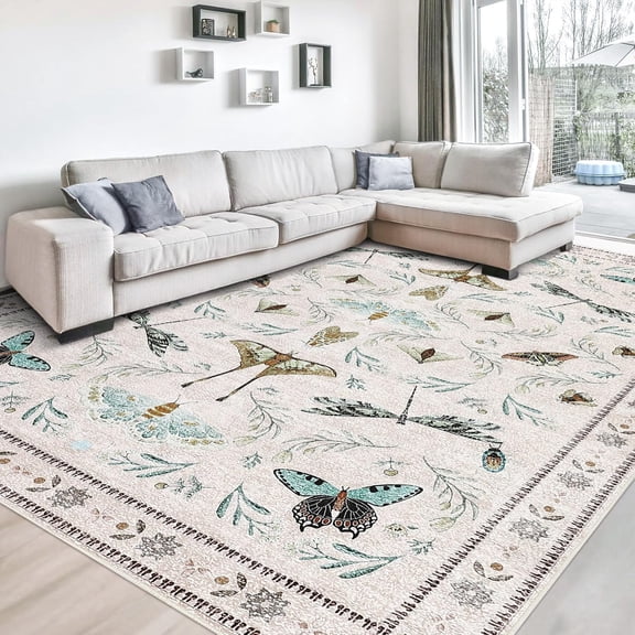 Insect Machine Washable Soft Area Rugs for Living Room, Low Pile Non Slip Bedroom Rug Under Bed Ultra-Thin Large Carpet for Dining Room Office Kids Playroom Nursery Farmhouse Beige 9 ft x12 ft