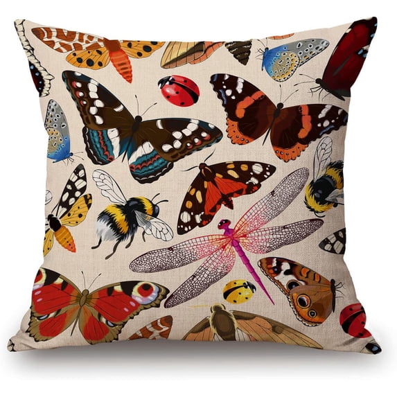 Insect Print Pillow Cover,Pink Vintage Insects Decorative Pillow Covers Square Pillowcase Cushion Covers 18x18 Inches, Bugs Pattern Pillow cover, Butterflies, Dragonflies, Ladybugs, Bees, Moths