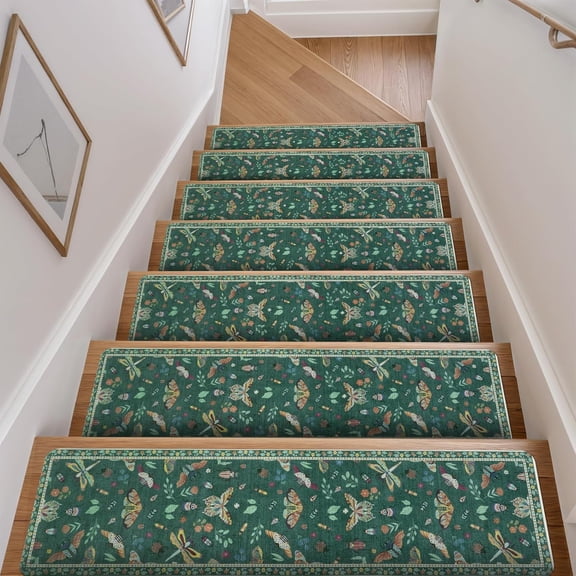 Insect Print Stair Treads Non Slip 15PCS, 8"x30" Stair Runner for Wooden Steps Indoor, Rubber Stair Mats Residue-Free Staircase Step Treads for Kids, Elders, Pets, Dark Green