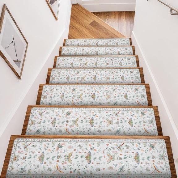 Insect Print Stair Treads Non-Slip Stair Runners for Wooden Steps Indoor 15PCS 30"x8" Carpet Stair Treads Mats Staircase Step Treads for Kids, Elders and Dogs, Stair Covers, Beige