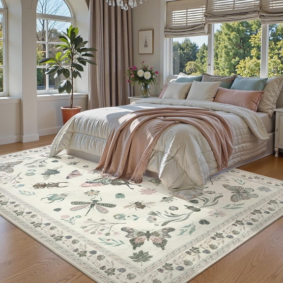 Insect Print Washable Area Rugs 5x7, Soft Rugs for Living Room, Ultra-Thin Non Slip Modern Bedroom Rug, Throw Rug Large Boho Carpet for Dining Room Kids Nursery Office, Beige
