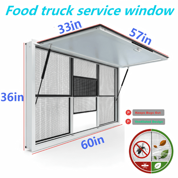 Insect-Proof Food Truck Service Window, 60x36in Concession Window, Full Screen Protection, Aluminum Alloy Serving Window with 3 Up & Down Panels for Catering Vans and Snack Trailers