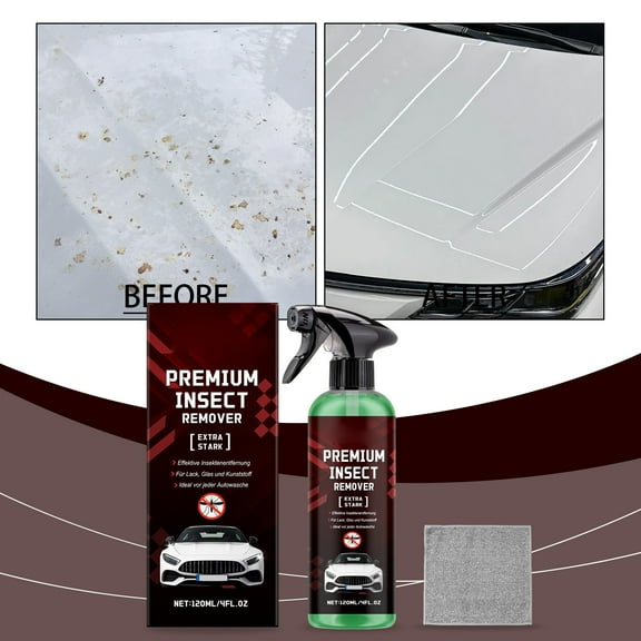 Insect Remover Spray for Cars 120ml – Extra Strength Bug & Tar Cleaner for Windshield, Paint, Chrome, Glass & Plastic – Fast-Acting Formula with Microfiber Towel Included