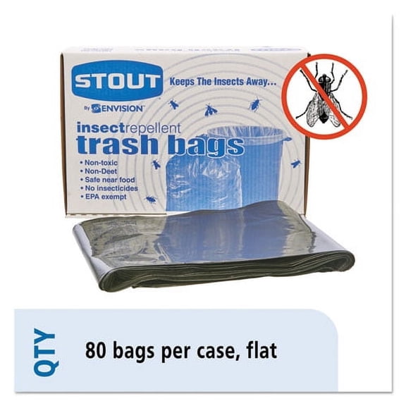 Stout 33% Recycled Insect Repellent Trash Bags, 35 Gallons, 33" x 40", Black, Box Of 80
