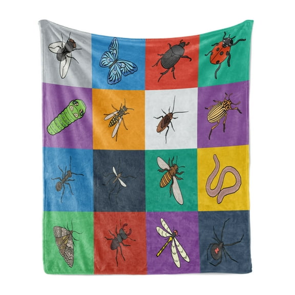 Insect Soft Flannel Fleece Blanket, Various Kind of Bugs Bee Butterfly Spider Ants Worms and Flies on Colorful Squares, Cozy Plush for Indoor and Outdoor Use, 70" x 90", Multicolor, by Ambesonne