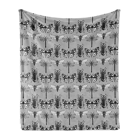 Insect Soft Flannel Fleece Throw Blanket, Modern Butterfly Dragonfly Bumblebee Beetle Cicada Entomological Art, Cozy Plush for Indoor and Outdoor Use, 60" x 80", Charcoal Grey and White, by Ambesonne