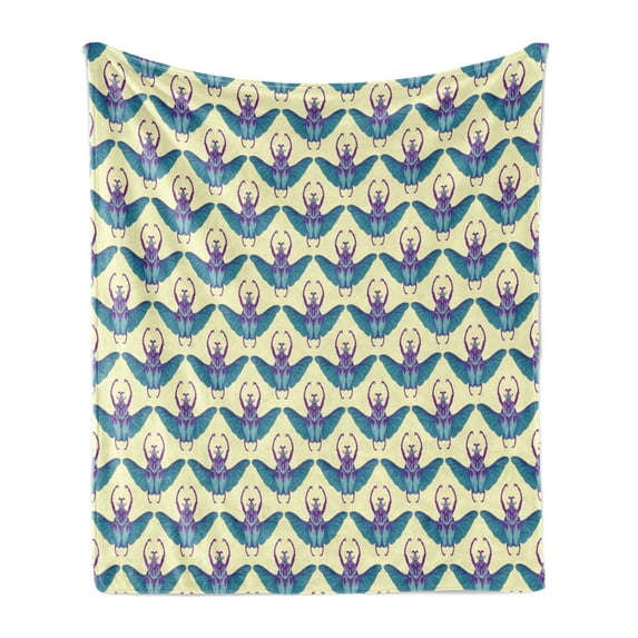 Insect Soft Flannel Fleece Throw Blanket, Tropical Image of Colorful Goliath Beetles with Opened Wings Art, Cozy Plush for Indoor and Outdoor Use, 70" x 90", Cream Sea Blue and Purple, by Ambesonne
