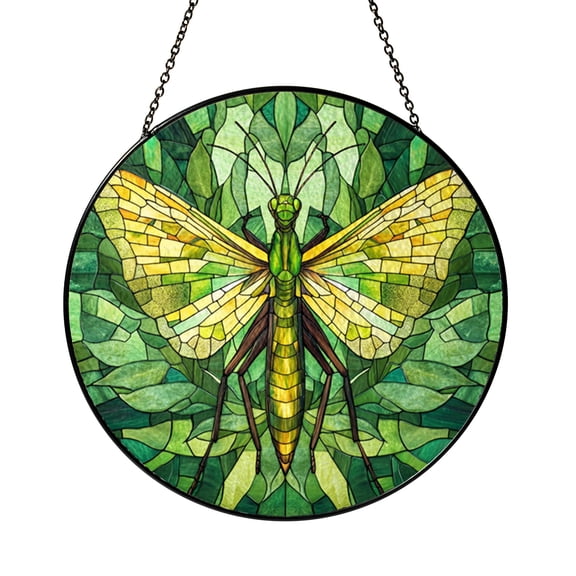 Insect Theme Green Mantis Stained Glass Window Hanging, Nature Art Decor for Creative Cozy Homes