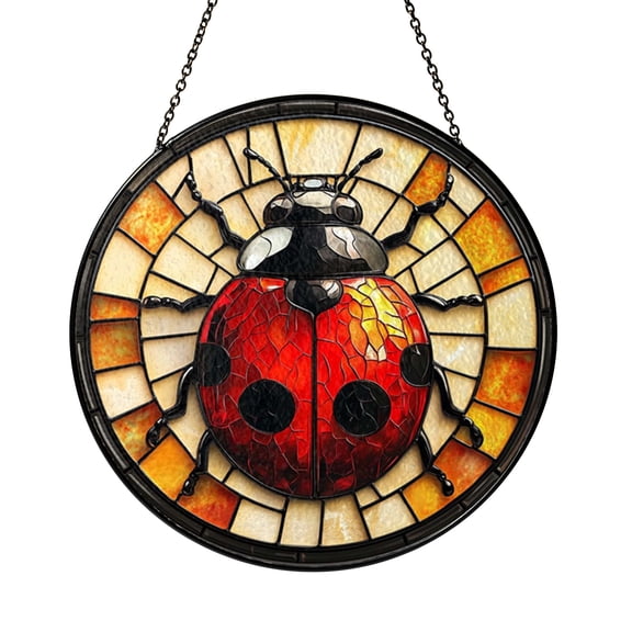 Insect Theme Ladybug Stained Glass Round Suncatcher for Windows, Colorful Nature Home Accent