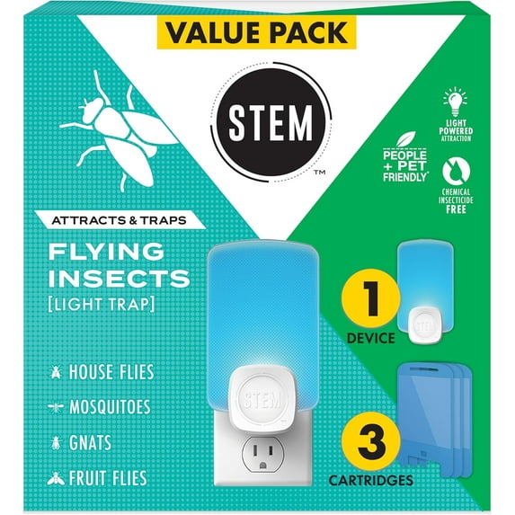 Insect Trap - Indoor Fruit Fly & Gnat Pest Control for House, Home and Kitchen, Attracts & Traps Flying Bugs, Soft Blue Light - Includes 1 Plug-in Device & 3 Cartridges