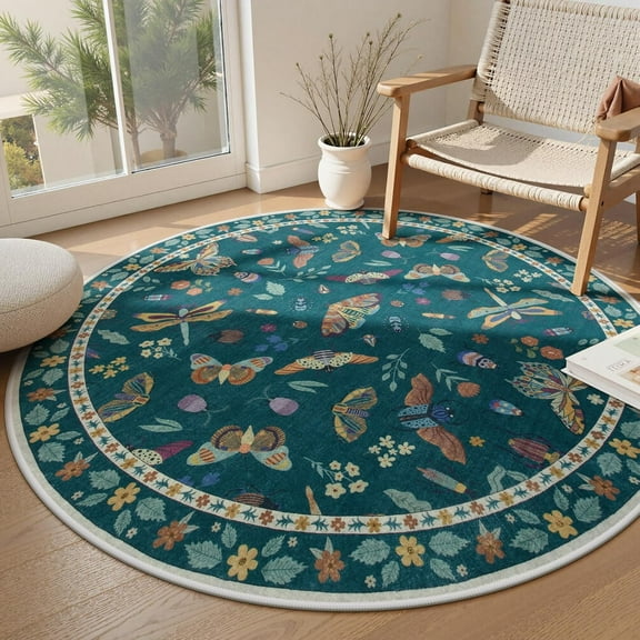 Insect Washable Round Area Rug, Soft Round Rugs Ultra-Thin Non-Slip, Boho Large Circle Carpet for Bedroom Living Room Kitchen Nursery