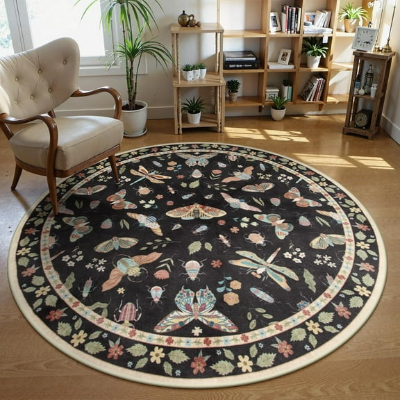 Insect Washable Round Area Rug, Soft Round Rugs  Ultra-Thin Non-Slip, Boho Large Circle Carpet for Bedroom Living Room Kitchen Nursery