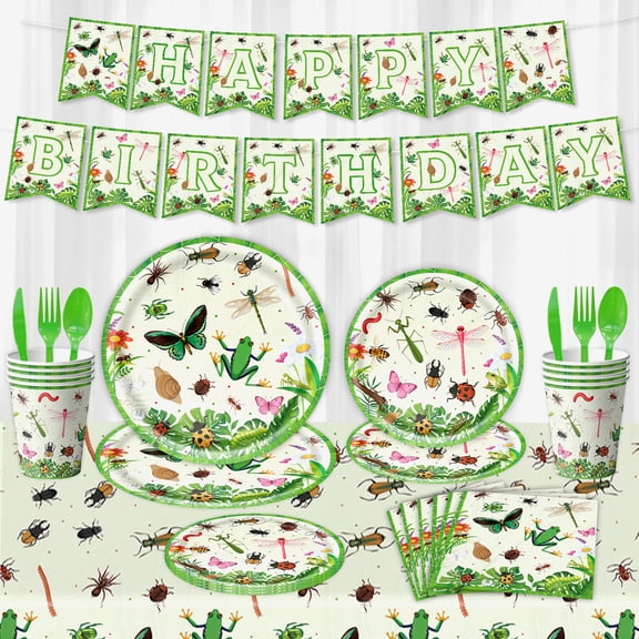 Insect-themed party decorations, party set includes banner, tablecloth, disposable tableware, suitable for birthday party decorations.