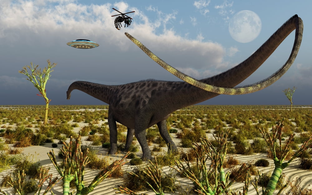 Insectoid drones attack a Diplodocus dinosaur Canvas Art - Mark StevensonStocktrek Images (36 x 23)