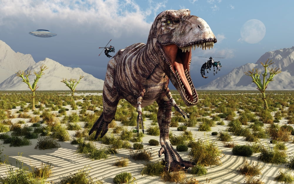Insectoid drones attack a frustrated Tyrannosaurus Rex Canvas Art - Mark StevensonStocktrek Images (18 x 12)