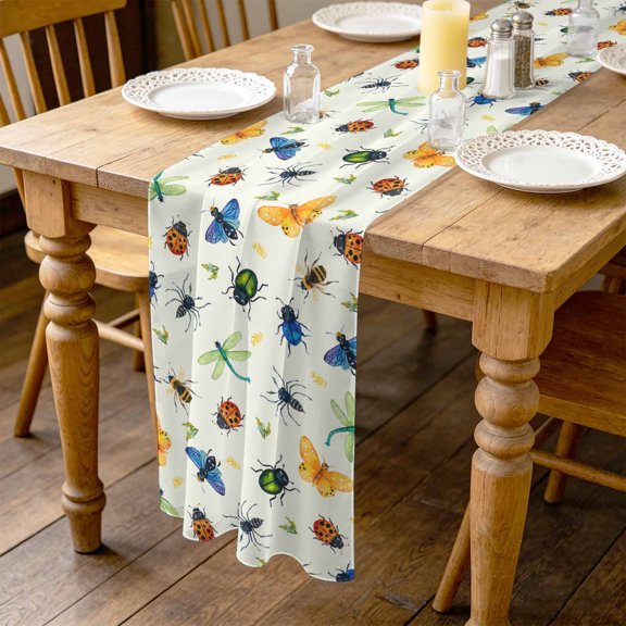 Insects 4.5ft Cheesecloth Table Runner for Wedding 19"x55", Colorful Butterfly Dragonfly Ladybird Bee Spiders Grass Nature Kitchen Dinner Sheer Tulle Chiffon Dresser Scarf, Holiday Party Decorations