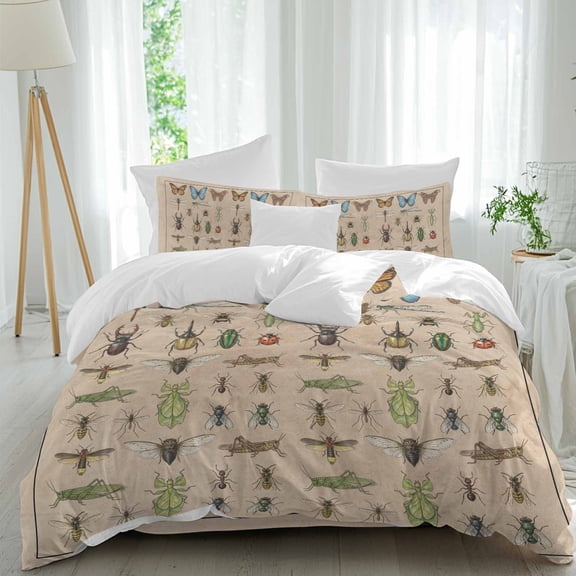 Insects 4 Piece Duvet Cover Set Queen Size Retro Butterfly Dragonfly Ladybug Beetle Linen Texture Soft Bedding Set Comforter Cover, 1 Duvet Cover 1 Flat Sheets and 2 Pillowcases