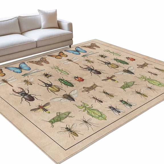 Insects 6x9ft Non Slip Area Rug Retro Butterfly Dragonfly Ladybug Beetle Linen Texture Washable&nbsp;Soft Area Rugs for Living Room, Indoor&nbsp;Circle Carpet for Bedroom Dining Room Kitchen