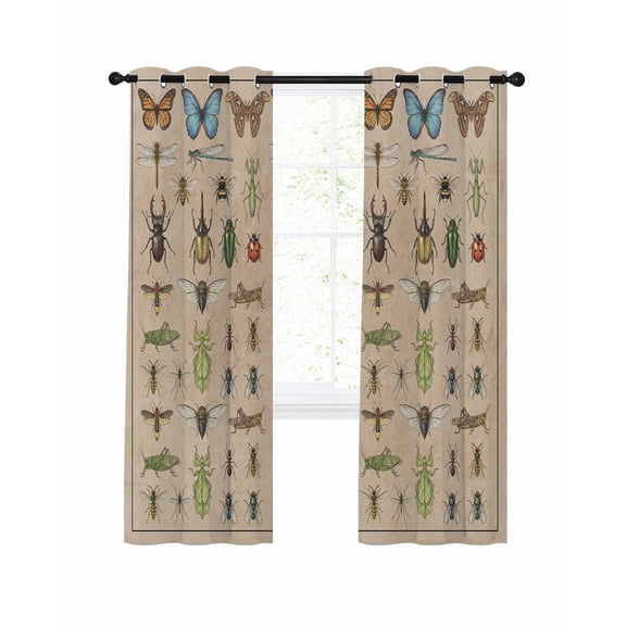 Insects Blackout Curtains 63 Inch Length Retro Butterfly Dragonfly Ladybug Beetle Linen Texture Thermal Insulated Window Curtain Window Drapes 2 Panels for Bedroom Living Room 42"Wx63"L