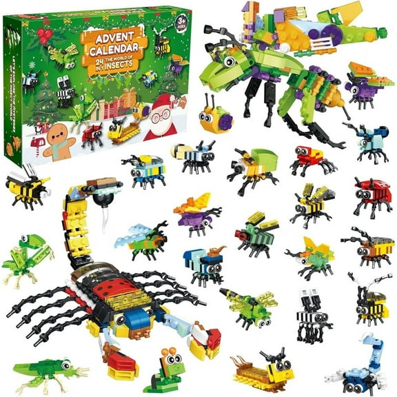 Insects Christmas Countdown Box,2024 Holiday Advent Calendar with 24 Pcs Building Blocks Toys