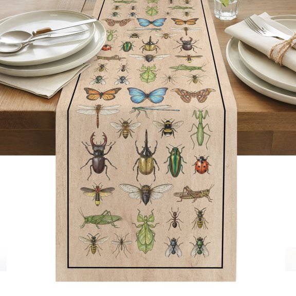 Insects Cotton Linen Table Runner Retro Butterfly Dragonfly Ladybug Beetle Linen Texture Dining Table Runners for Home Decor Party Dining Room Restaurant Kitchen Party 13" x 36"