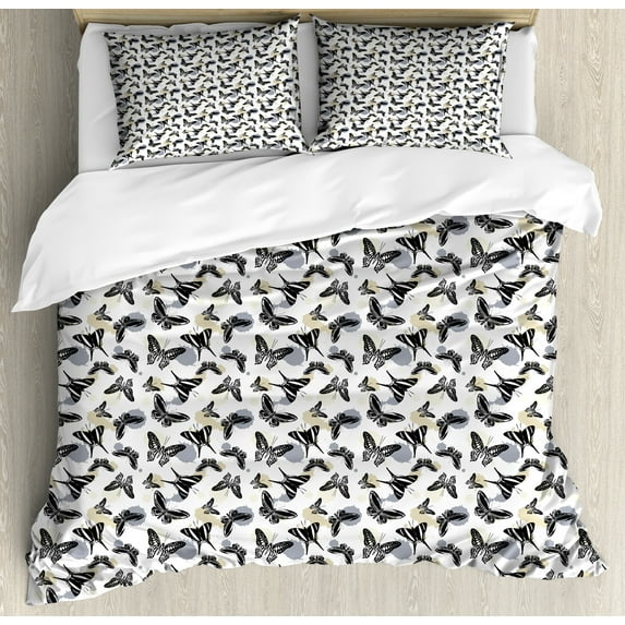 Insects Duvet Cover Set, Demonstration of Repetitive Various Butterflies on a Plain Background, Decorative 3 Piece Bedding Set with 2 Pillow Shams, Calking Size, White and Multicolor, by Ambesonne