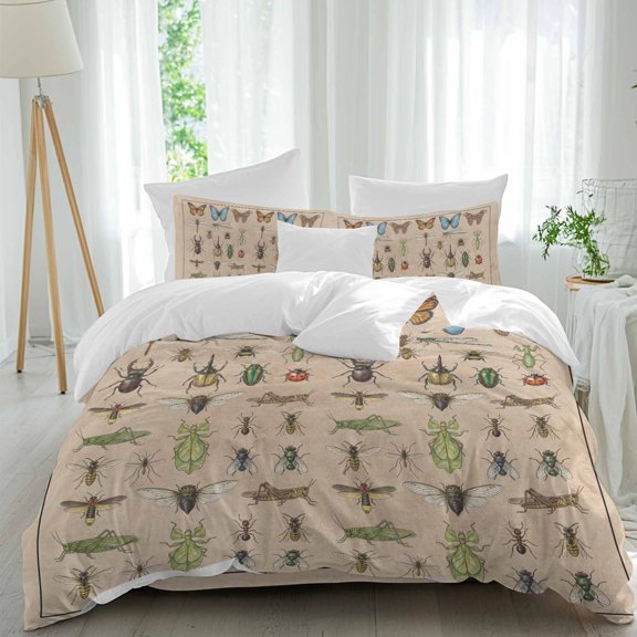 Insects Duvet Cover Set Queen Size, Retro Butterfly Dragonfly Ladybug Beetle Linen Texture 4 Piece Soft Microfiber Bedding Set with Zipper Closure, 1 Comforter Cover, 1 Flat Sheet, 2 Pillowcases