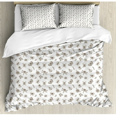 Insects Duvet Cover Set, Repeating Pattern of Monochrome Various Entomological Creatures, Decorative 3 Piece Bedding Set with 2 Pillow Shams, Calking Size, Umber and White, by Ambesonne