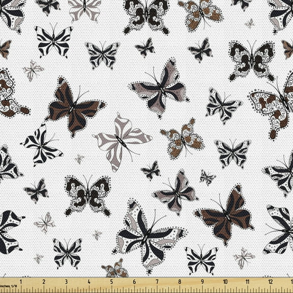 Insects Fabric by the Yard Upholstery, Continuous Pattern of Ornamental Vintage Style Butterflies Scene, Decorative Fabric for DIY and Home Accents, 3 Yards, Charcoal Grey Multicolor by Ambesonne